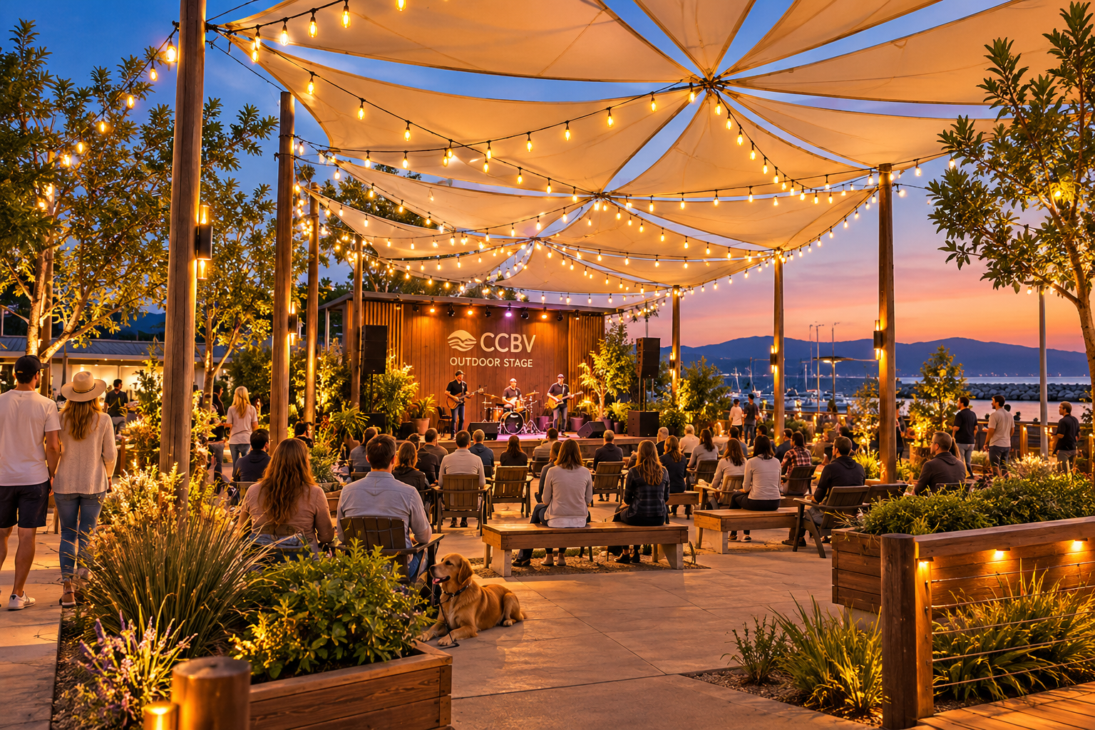 An outdoor stage with a band performing, surrounded by an audience, string lights, and a scenic sunset view.