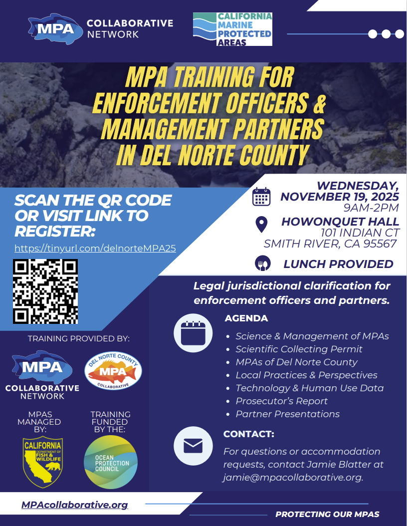 MPA training flyer for enforcement officers and partners in Del Norte County, Nov 19, 2025. Agenda items and contact info included.