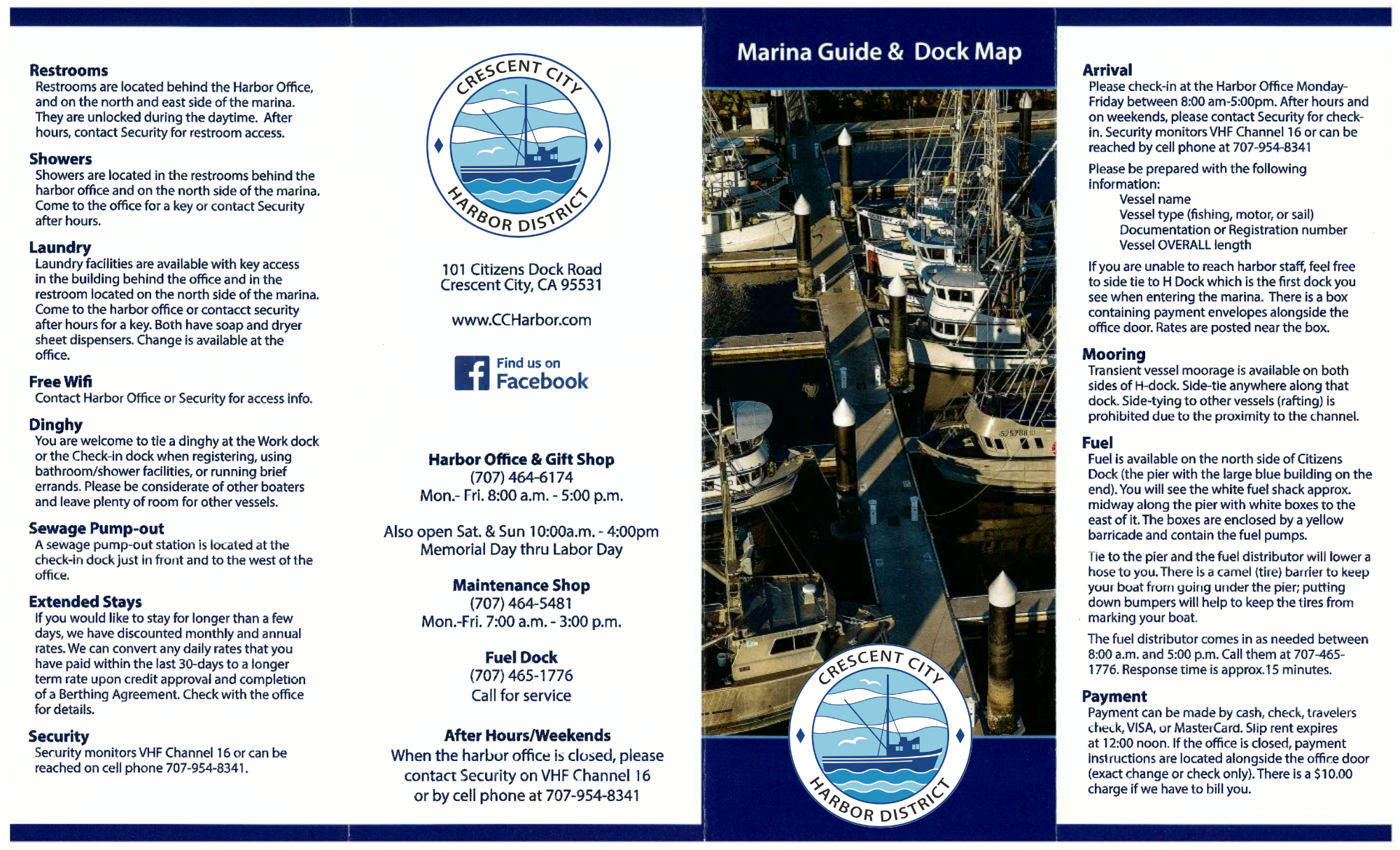 A brochure with information on amenities, services, and guidelines for Crescent City Harbor District, including contact details and photos.