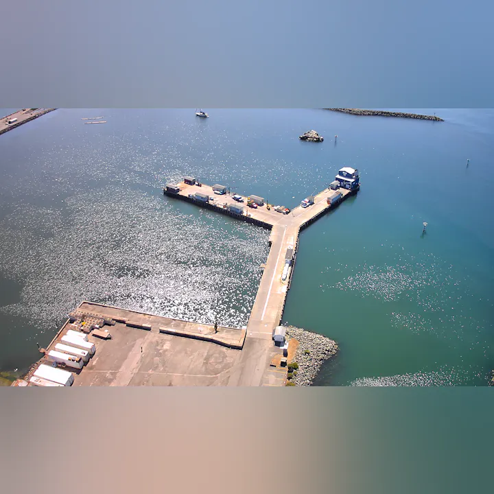 An aerial view of a dock area with a pier extension over calm water, surrounded by boats and structures along the shore.