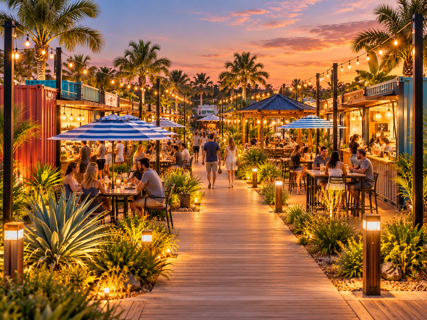 A vibrant outdoor dining area with lights and tropical plants, bustling with people enjoying drinks and food at sunset.
