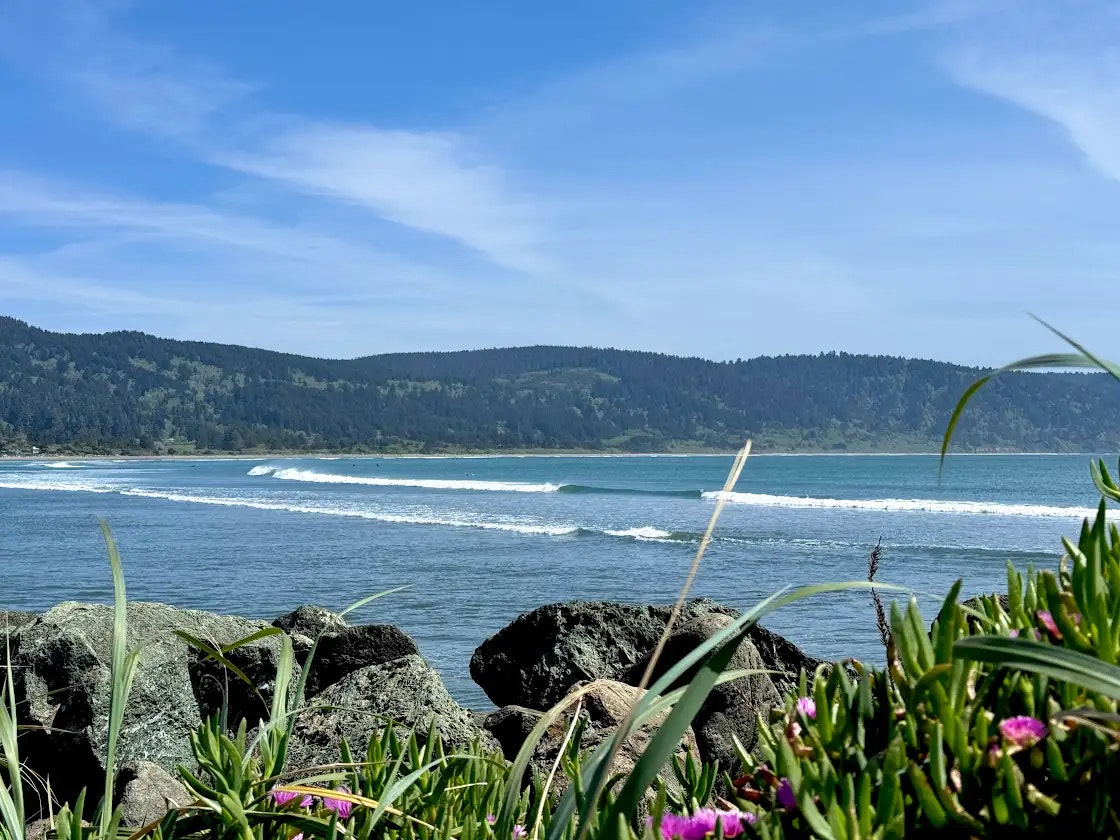 A scenic coastline with waves, rocky foreground, and hills under blue skies.