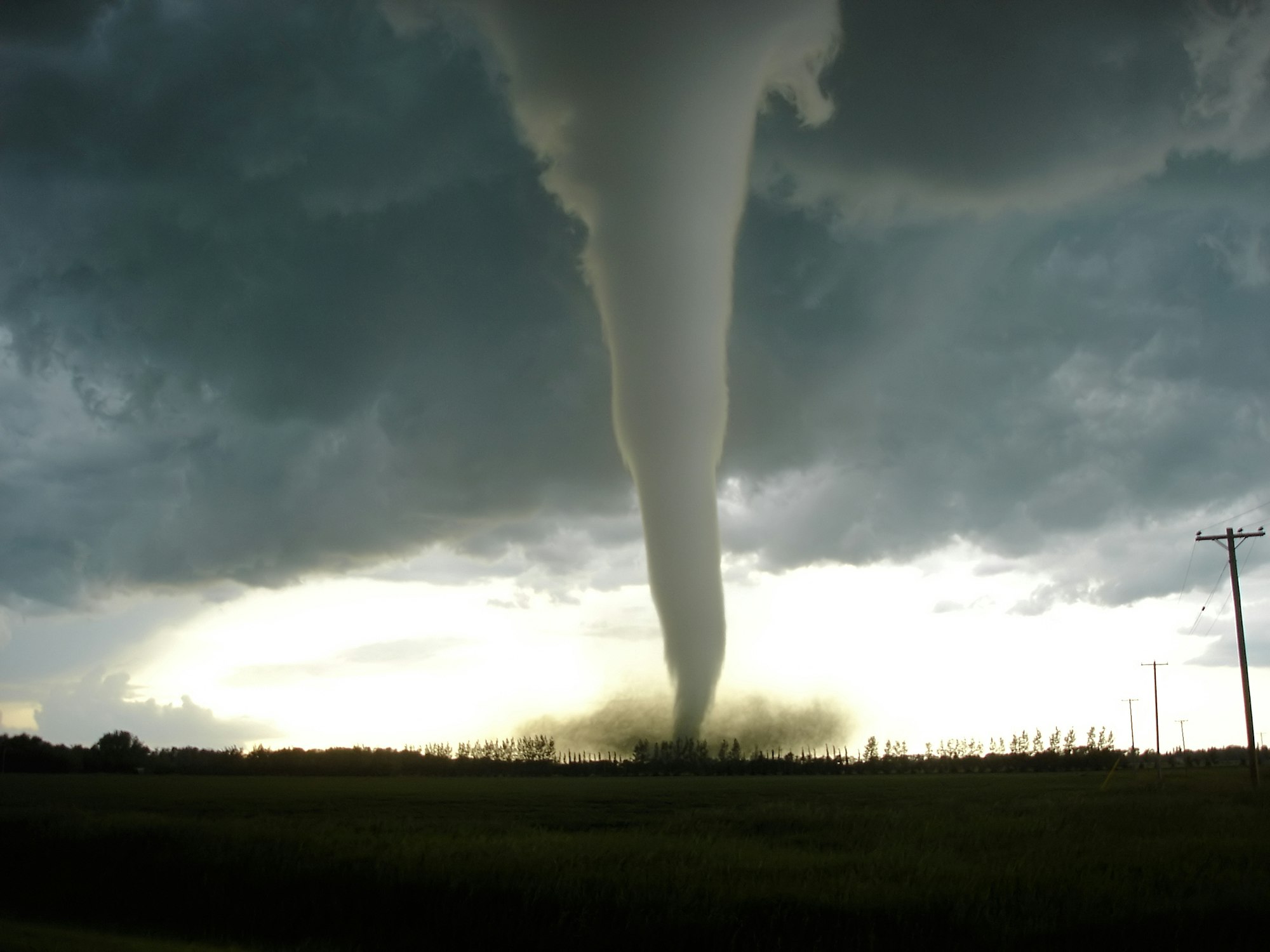A large tornado touches down in an open field under stormy skies with power lines nearby.