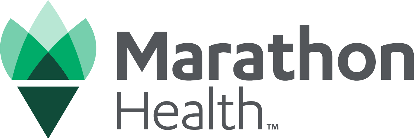 Logo with text "Marathon Health" and a green abstract torch design.