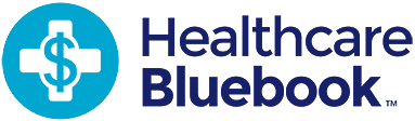 A logo with the text "Healthcare Bluebook" and a graphic combining a medical cross and a dollar sign inside a blue circle.