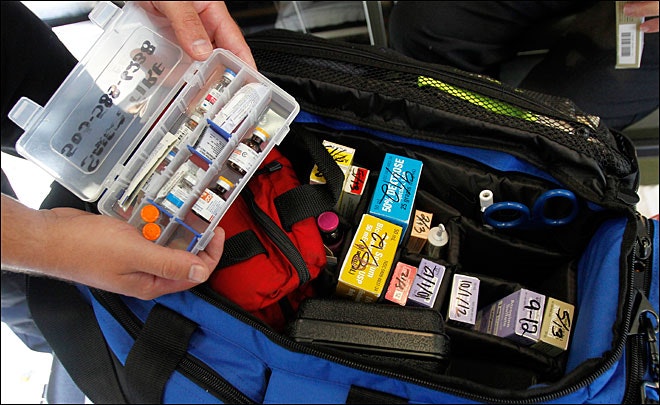 May contain: First Aid Kit, safety kit, hands, bag