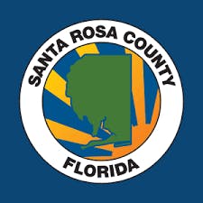 A seal for Santa Rosa County, Florida, with a map and blue-orange circle.