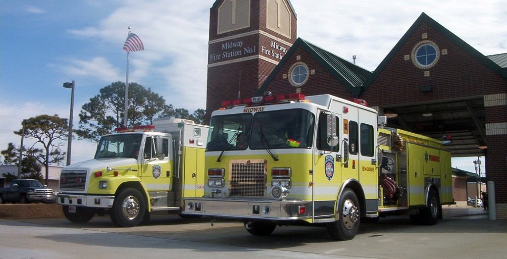 Photo of fire engines at a station