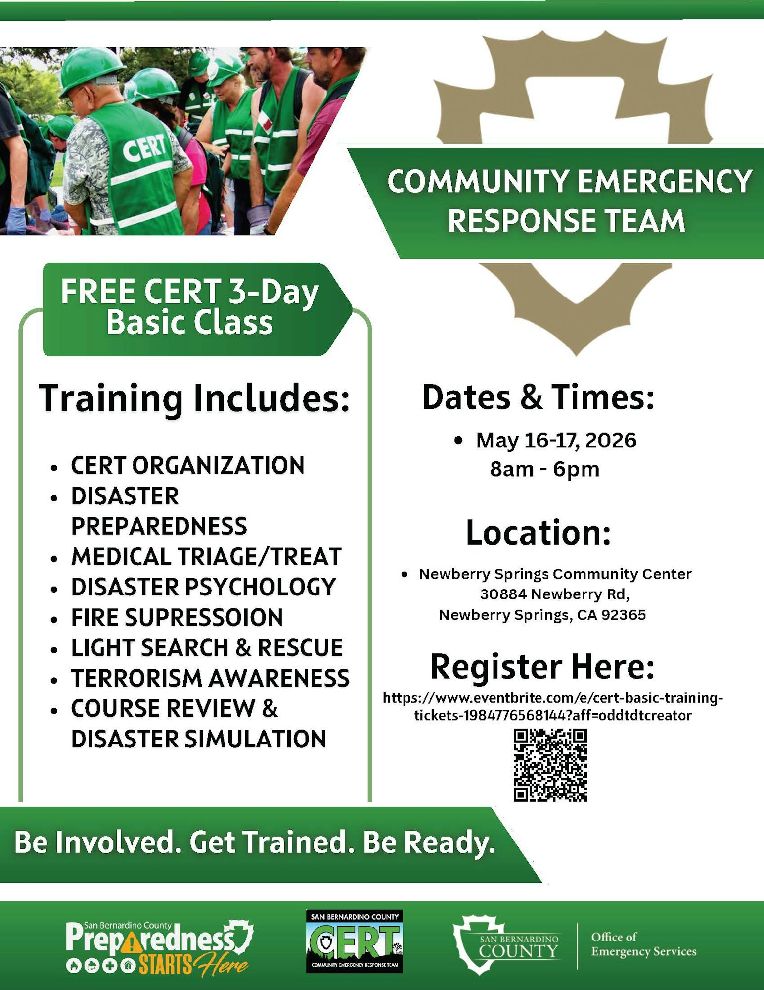 Free CERT 3-day training on disaster preparedness, May 16-17, 2026, at Newberry Springs Community Center. Register online.