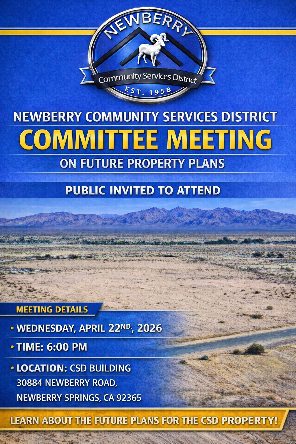 Newberry Community Services District Committee Meeting on future property plans. April 22, 2026, at 6 PM, CSD Building.