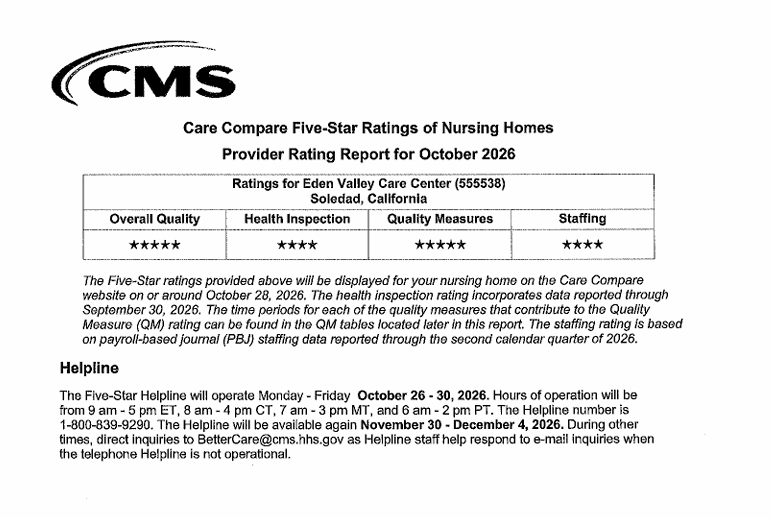 Report for Eden Valley Care Center, Soledad, CA: Five-Star ratings for overall quality, health, and staffing. Helpline info included.