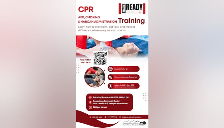 CPR, AED, choking, and Narcan training on Dec 6, 2025, in Georgetown, CA. Register online; $100 per person.