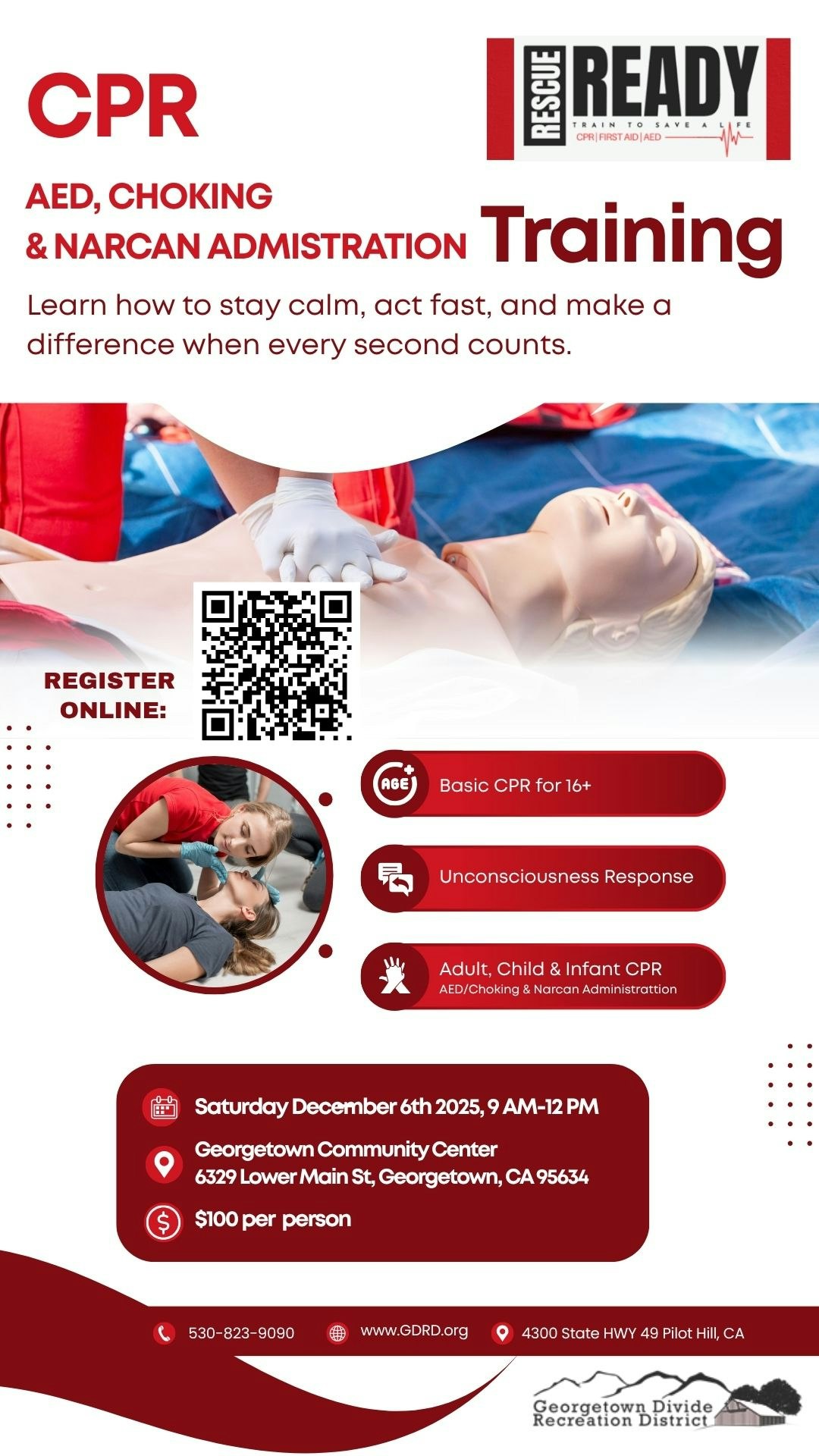 CPR, AED, choking, and Narcan training on Dec 6, 2025, in Georgetown, CA. Register online; $100 per person.