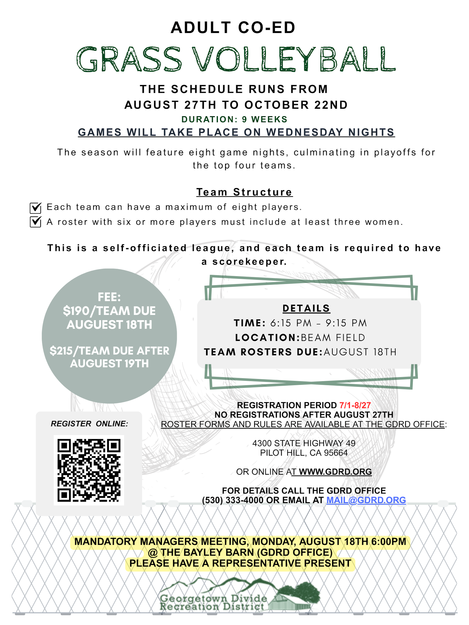 Adult co-ed grass volleyball league from Aug 27 to Oct 22, games on Wednesdays. Register by Aug 27. Max 8 players/team. Fee details included.