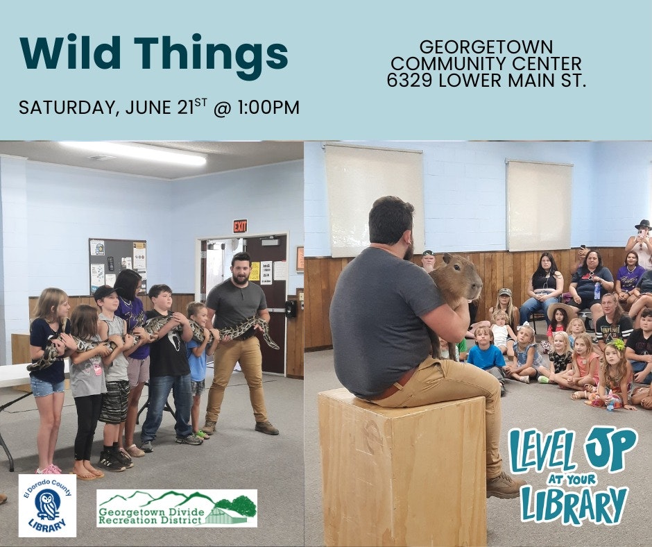 Event poster for "Wild Things" at Georgetown Community Center with people holding a snake and a man with a capybara.