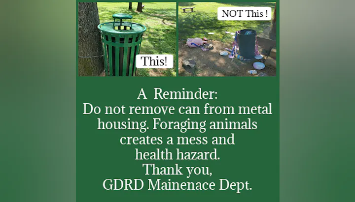 The image shows a reminder about proper waste disposal, highlighting a trash can and a messy area.