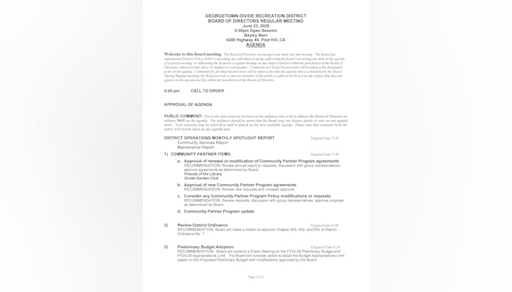 Agenda for Georgetown Divide Recreation District board meeting on June 23, 2025. Includes public comments, reports, and budget adoption.