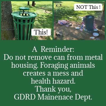 The image shows two trash bins with a reminder to not remove cans, as it attracts foraging animals and creates a mess.