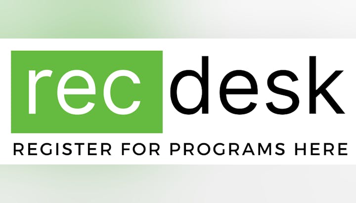 Text reads: "rec desk" in green and black. Below: "REGISTER FOR PROGRAMS HERE."