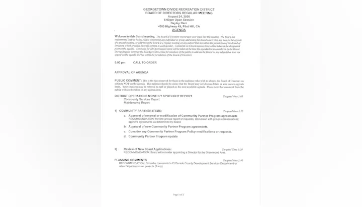 The image is an agenda for a Georgetown Divide Recreation District Board meeting on August 24, 2026, detailing discussions and reports.