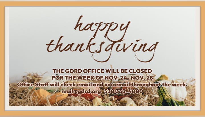 Thanksgiving message and office closure notice for Nov. 24-28, with email and phone contact info.
