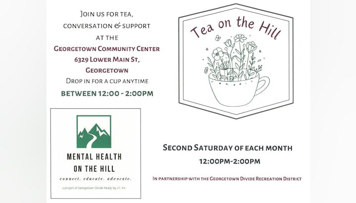 An invitation to a community tea event offering conversation and support, featuring a logo with a teacup filled with flowers.