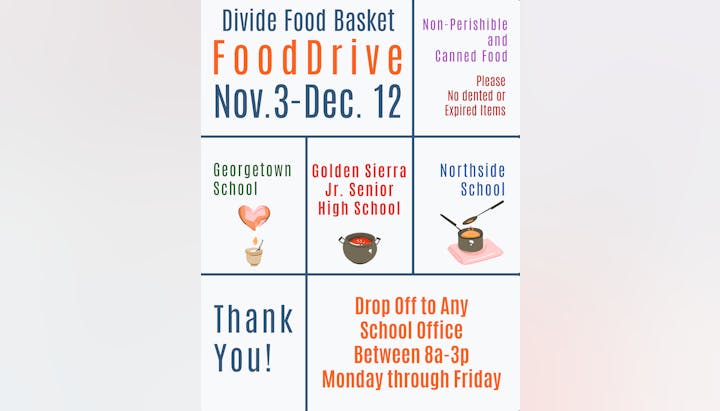 Food drive from Nov 3-Dec 12. Drop off non-perishable, undamaged items at school offices 8am-3pm, Mon-Fri.