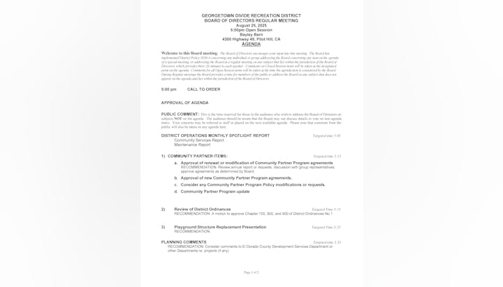 Georgetown Divide Recreation District Board Meeting agenda for August 25, 2025, including public comments and community partner items.