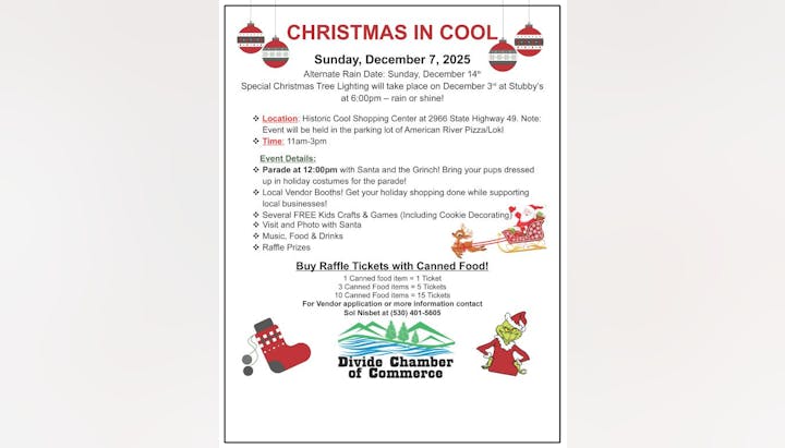 Event: Christmas in Cool on December 7, 2025, featuring a parade, vendor booths, crafts, and raffle prizes. Time: 11am-3pm.