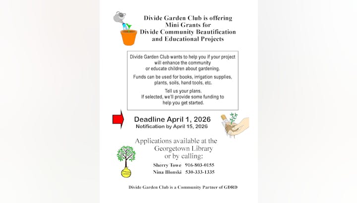 Divide Garden Club offers mini grants for community beautification projects. Apply by April 1, 2026. Contact for details.