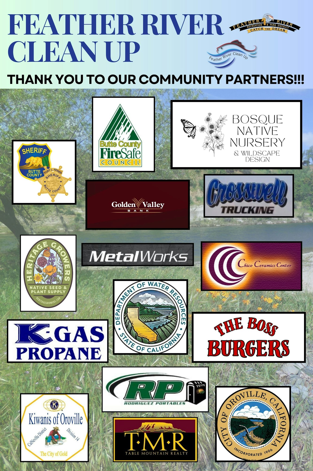 Feather River Clean Up event poster thanking various community partners and sponsors with their logos.