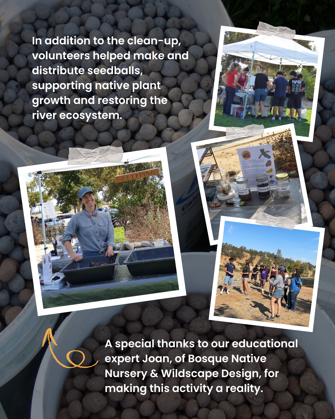 Volunteers making seedballs to support native plants and river restoration, with thanks to Joan for educational support.