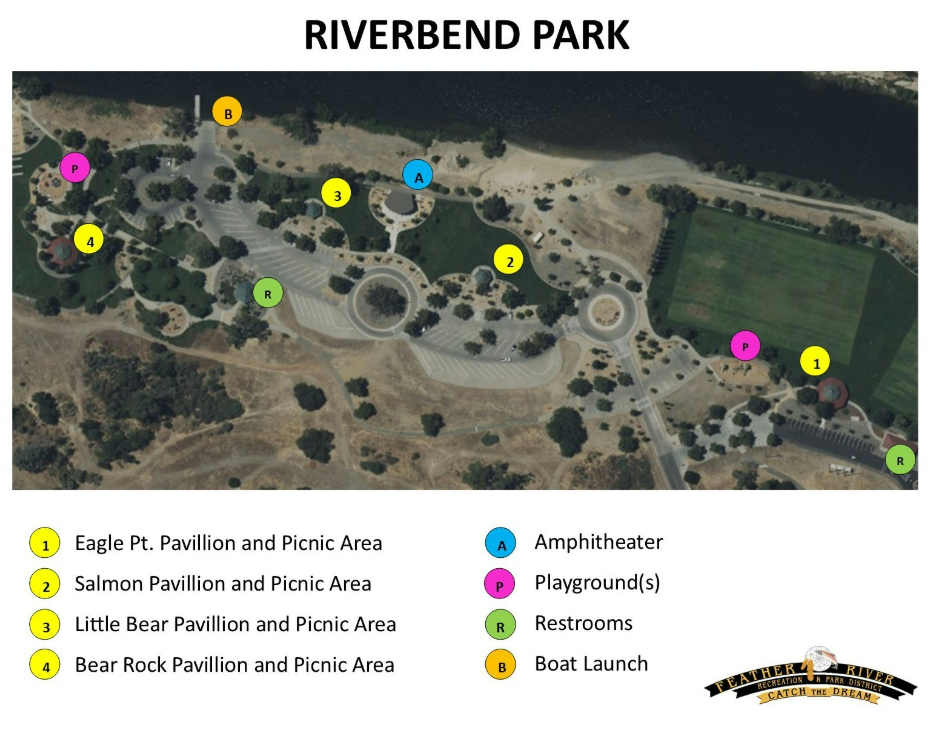 Map of Riverbend Park showing picnic areas, playgrounds, restrooms, an amphitheater, and a boat launch.