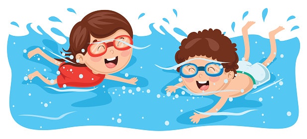 Two cartoon children are happily swimming in water, both wearing goggles.