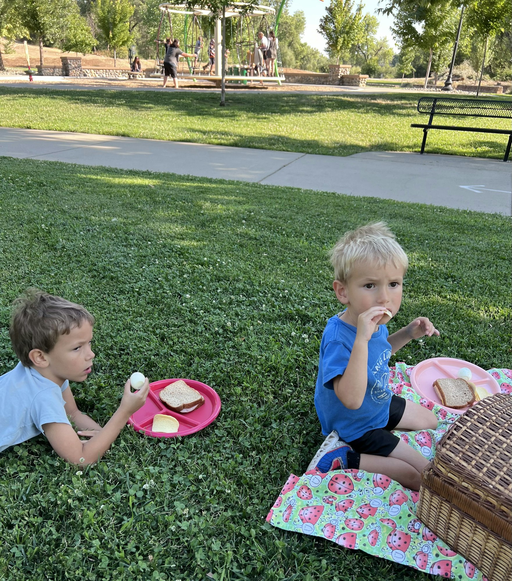 Two kids having a picnic on grass with sandwiches, an egg, and a basket nearby. Playground and people in the background.