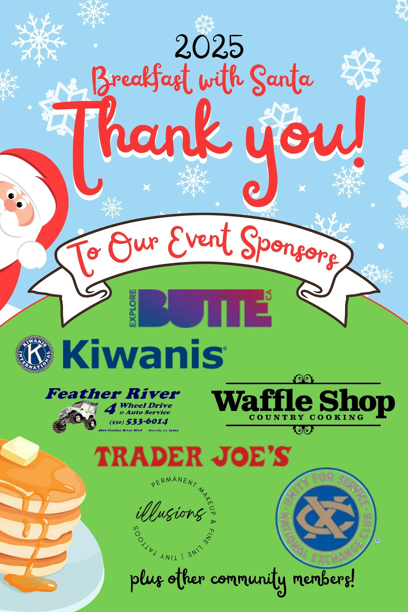 “Breakfast with Santa” thank you poster, featuring sponsors like Kiwanis, Feather River, Waffle Shop, Trader Joe's, and more.