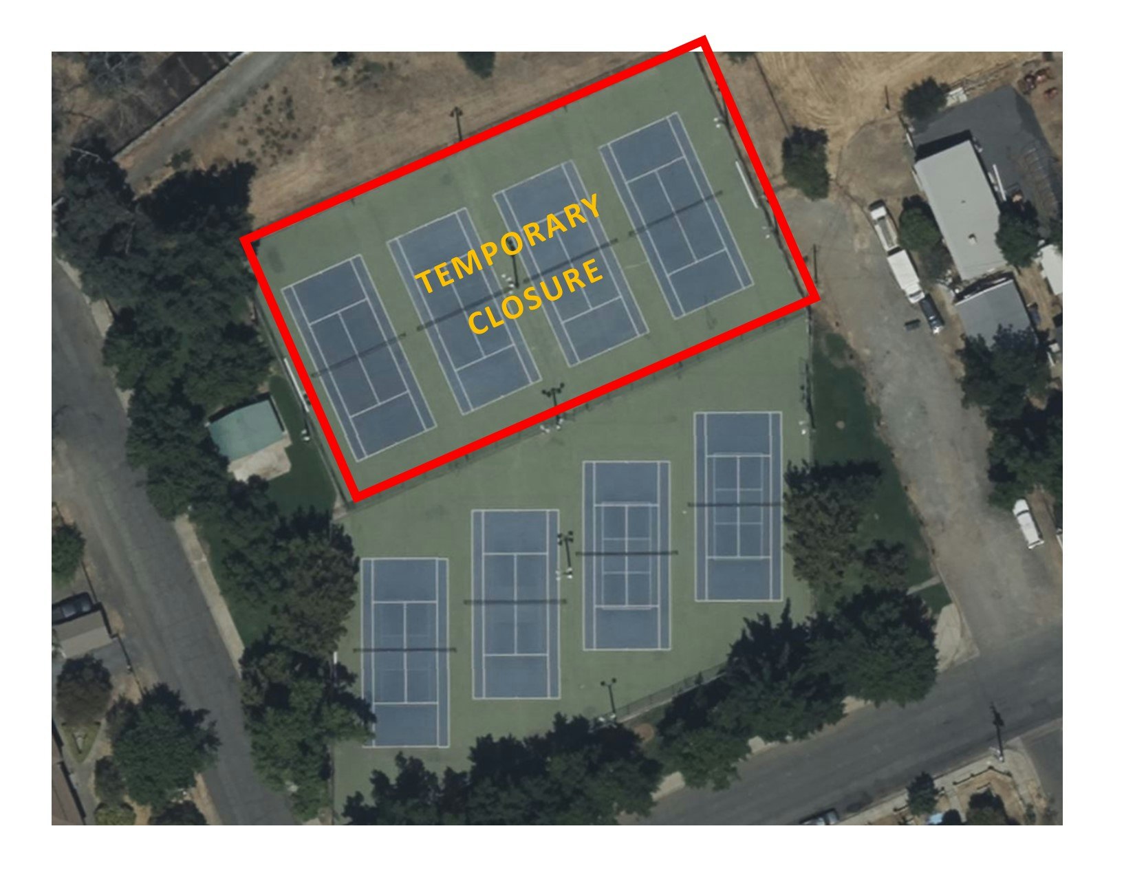 Aerial view of tennis courts with "Temporary Closure" sign on top courts, highlighted in red.