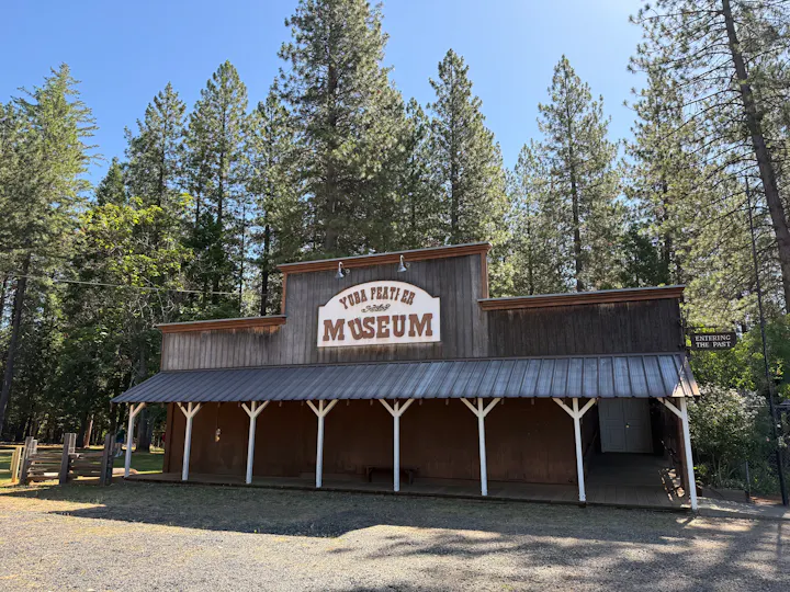 A wooden museum building surrounded by tall trees, featuring a sign that reads "You Betcha Museum." Clear blue sky above.