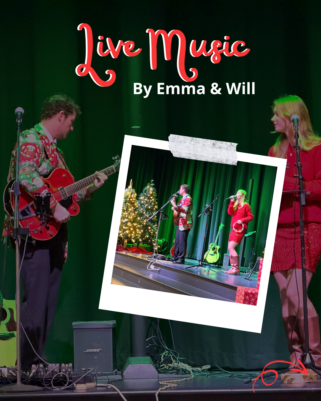 Emma and Will perform live music on stage, dressed festively, with a Christmas tree and instruments in the background.