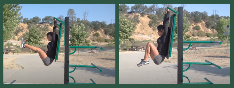 A person exercising on outdoor gym equipment with nature in the background.