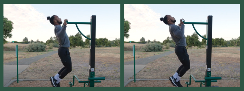Person doing pull-ups on outdoor exercise bars in a park.