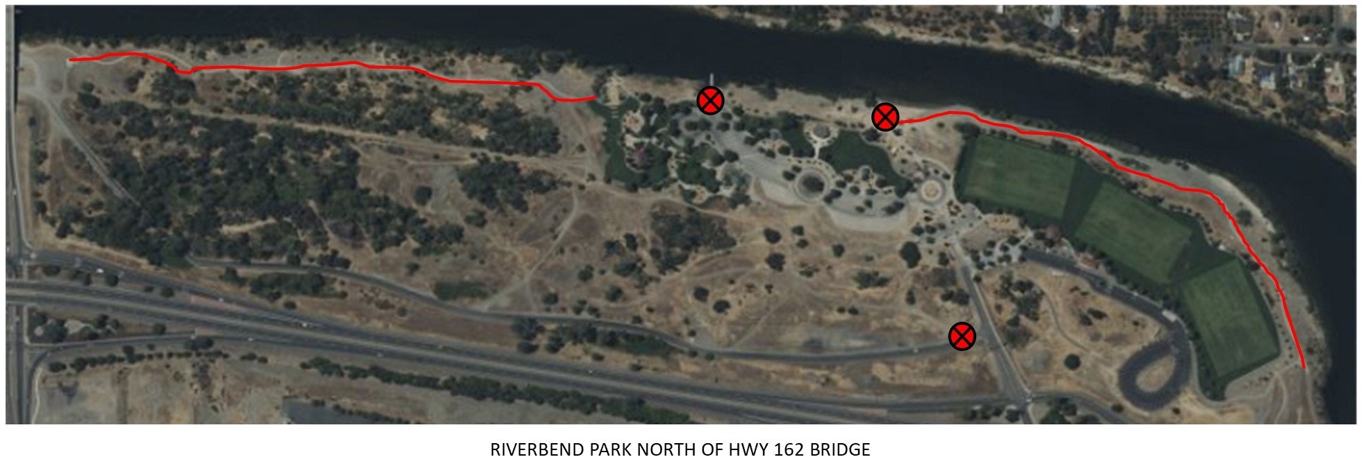Satellite view of Riverbend Park, with red lines and X marks indicating specific routes or points of interest.