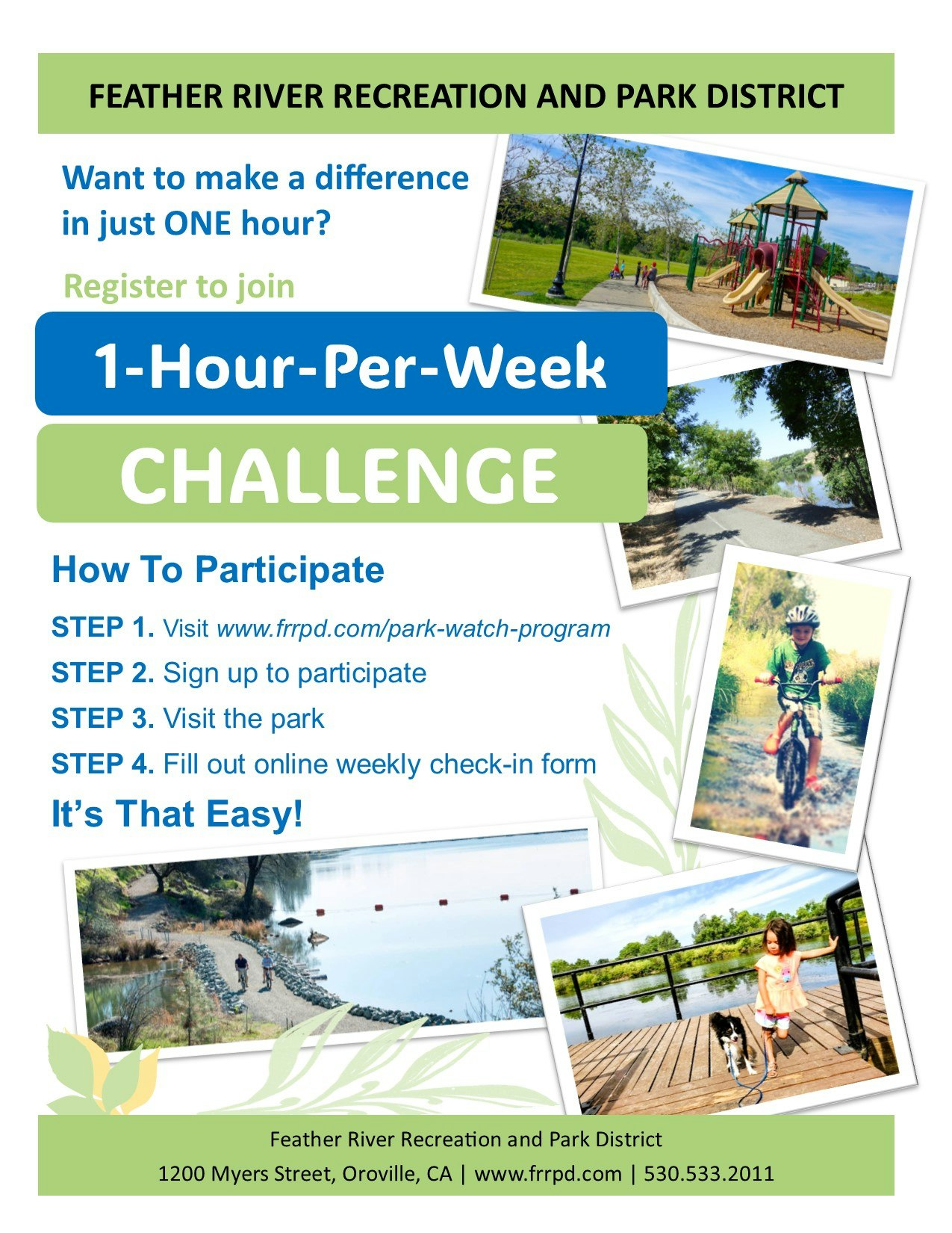 The image promotes a "1-Hour-Per-Week Challenge" by Feather River Recreation District, outlining steps to participate.