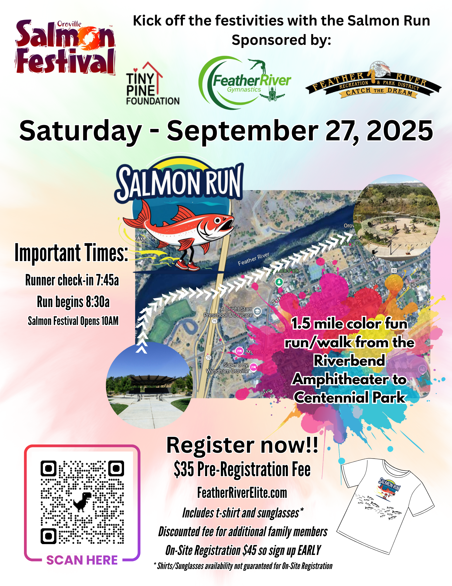 Salmon Run on September 27, 2025. 1.5-mile color fun run/walk. Register for $35 at FeatherRiverElite.com. Includes T-shirt and sunglasses.