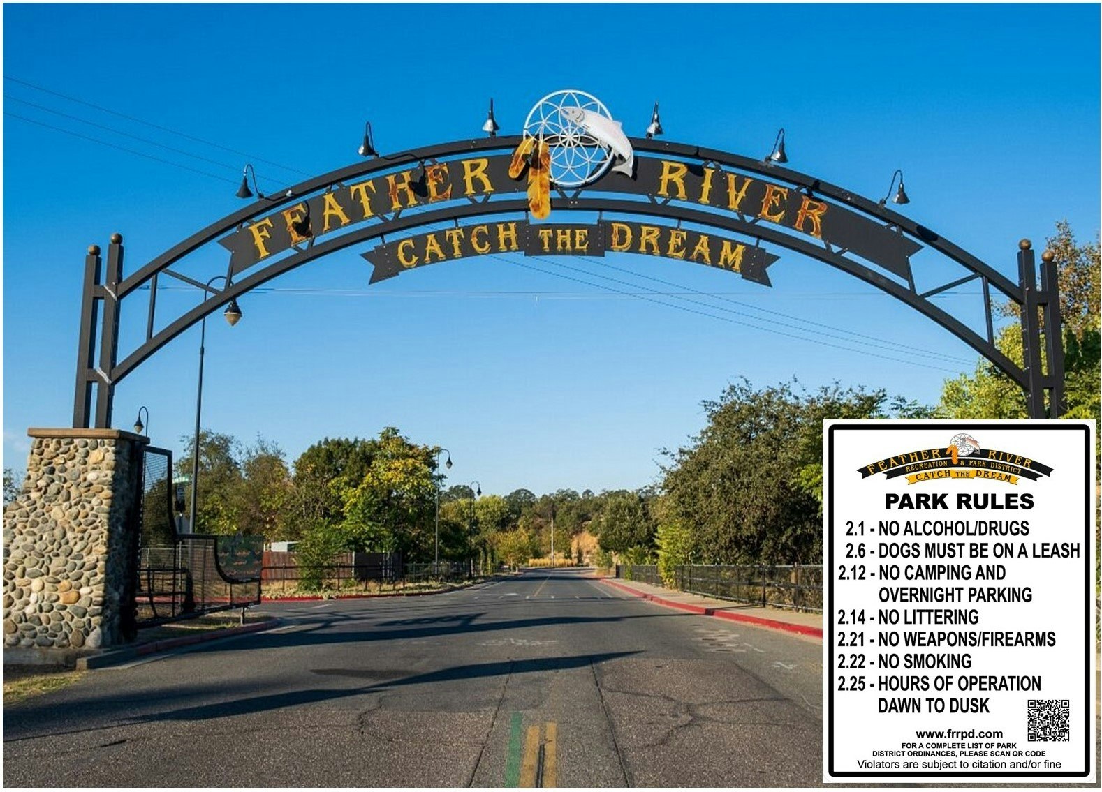 Entrance archway to Feather River, "Catch the Dream," with park rules on display: no drugs, leashes required, no camping, no weapons.