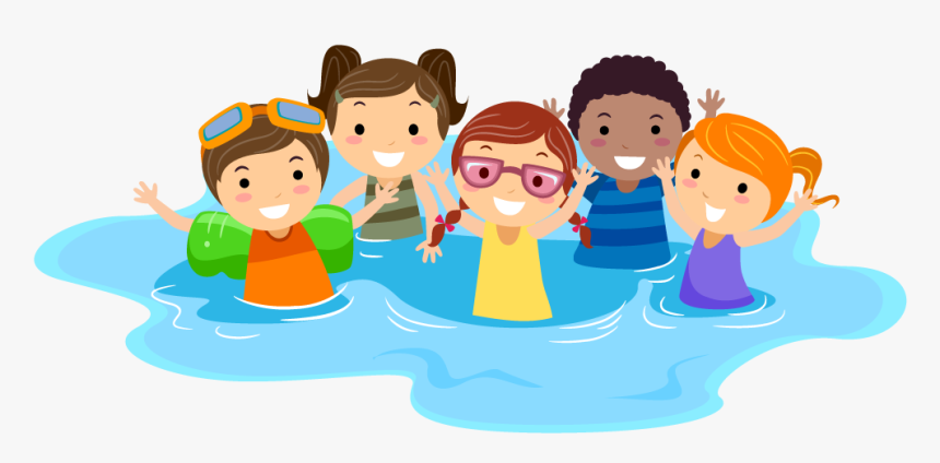 Illustration of six happy children playing in water.