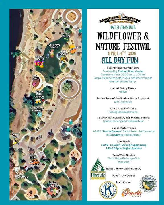 Map of the 18th Annual Wildflower & Nature Festival on April 4, 2026, featuring activities, food, live music, and nature tours.