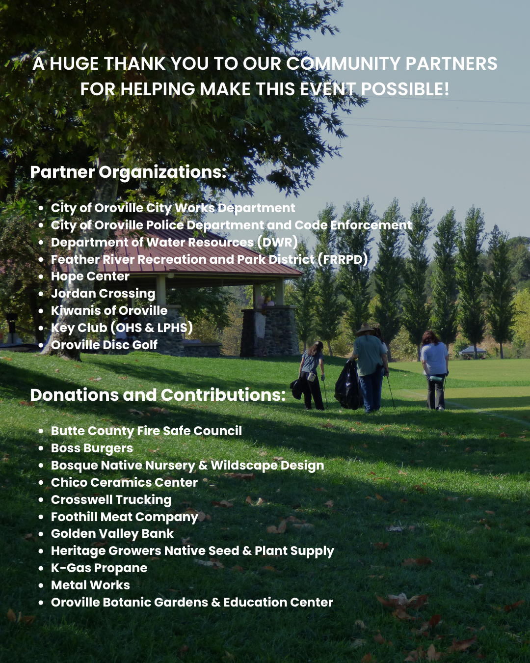 Thank you message to community partners; lists partner organizations and contributors for an event.