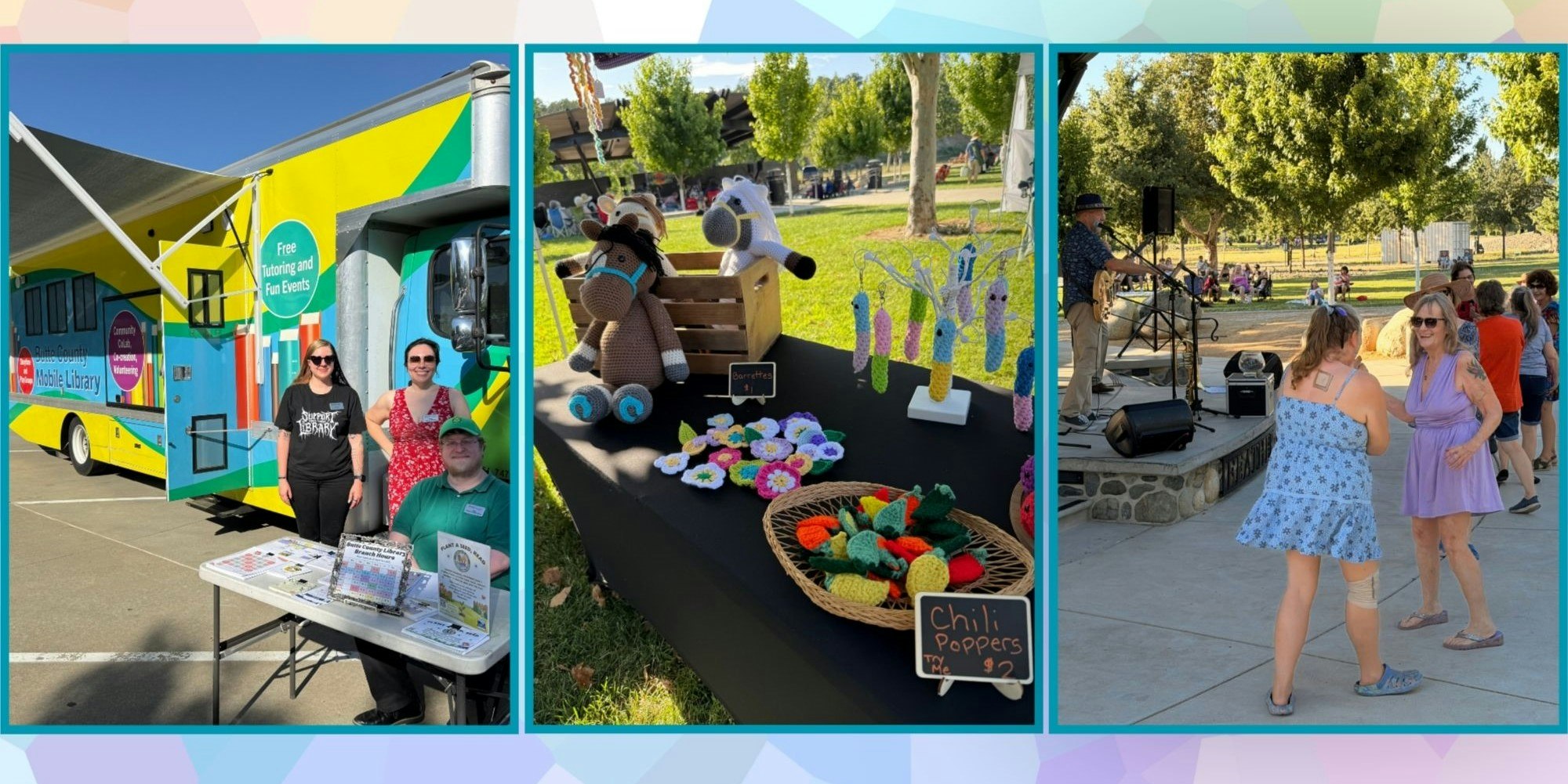 The image features a mobile library, a craft display with crochet items, and people dancing at a community event.