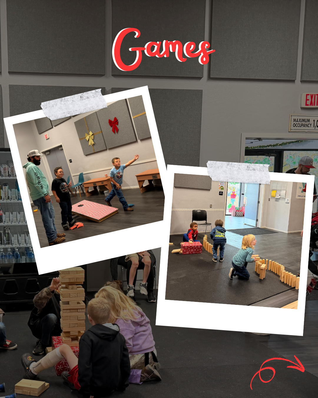 The image shows kids playing games, including bean bag toss and building with blocks in a community room. Fun activities!